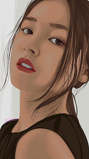 Nancy Momoland Digital Portrait with Red Lips and Dark Hair HD phone wallpaper
