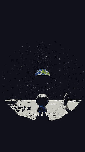 Kerbal Space Program Chibi Astronaut on Lunar Surface Gazing at Earth HD phone wallpaper