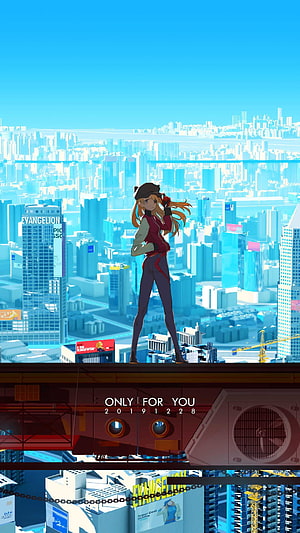 Asuka Langley Soryu standing on a rooftop overlooking the futuristic Tokyo-3 cityscape from Evangelion 3.0 HD phone wallpaper