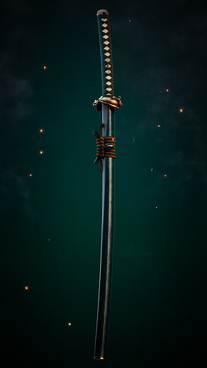 Japanese Katana Sword with Ornate Handle and Scabbard Against Dark Green Background HD phone wallpaper