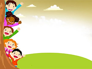 Cheerful cartoon children peeking from behind a tree trunk in a sunny meadow HD wallpaper
