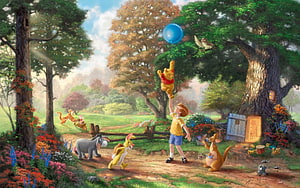 Winnie the Pooh and Friends in a Vibrant Hundred Acre Wood Forest Scene HD wallpaper