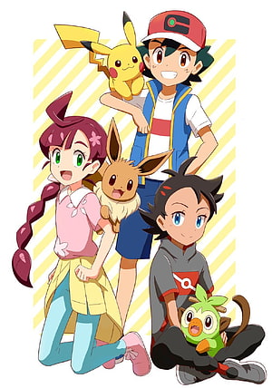 Pokemon Journeys Anime Group Portrait Featuring Ash, Goh, Chloe, Pikachu, Eevee, and Rowlet HD phone wallpaper