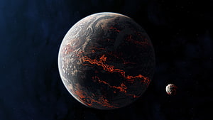 Volcanic Planet with Molten Lava Flows and Small Moon in Deep Space HD wallpaper