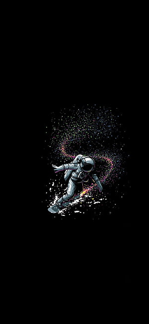 Astronaut Snowboarding Through a Colorful Cosmic Nebula on Black Background HD phone wallpaper