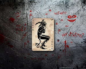Joker Playing Card Artwork with Red Graffiti on a Scratched Concrete Wall HD wallpaper