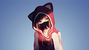 Anime girl in red cat-ear hoodie and black face mask against a clear blue sky HD wallpaper
