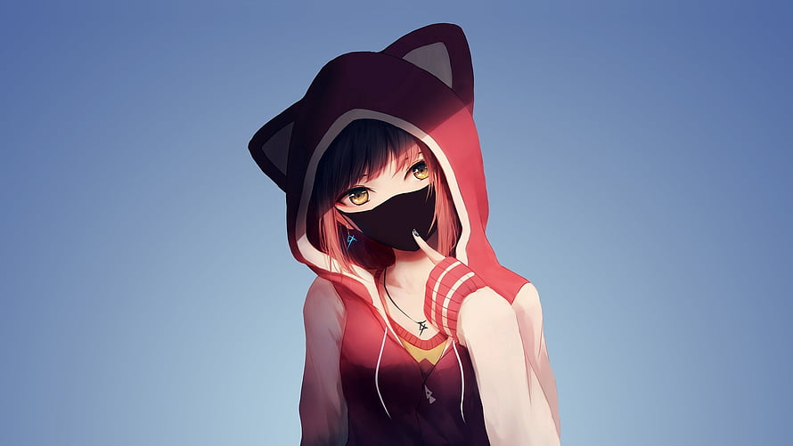 Anime girl in red cat-ear hoodie and black face mask against a clear blue sky HD wallpaper