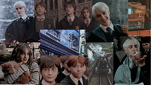 Harry Potter Movie Collage Featuring Draco Malfoy, Harry, Ron, Hermione, and Hogwarts Scenes HD wallpaper