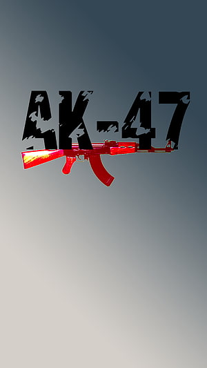 Red AK-47 Assault Rifle Graphic with Distressed Typography on Gradient Background HD phone wallpaper