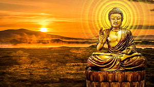 Gautam Buddha statue in meditation with golden halo against a warm sunset landscape HD wallpaper