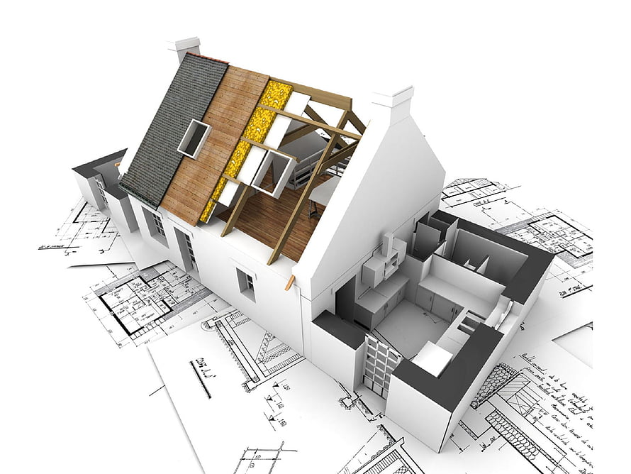 3D Architectural Model of House Under Construction with Blueprint Background HD wallpaper