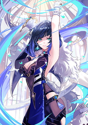 Yelan from Genshin Impact in a dynamic pose with flowing blue energy and white fur accents HD phone wallpaper