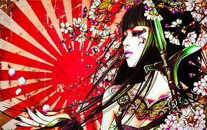 Stylized Japanese Woman with Cherry Blossoms and Rising Sun Tattoo Art HD wallpaper