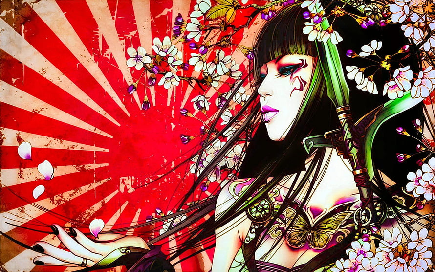 Stylized Japanese Woman with Cherry Blossoms and Rising Sun Tattoo Art HD wallpaper