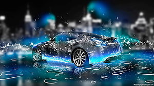 Sleek Black Sports Car Splashing Through Water with Neon Blue City Lights HD wallpaper