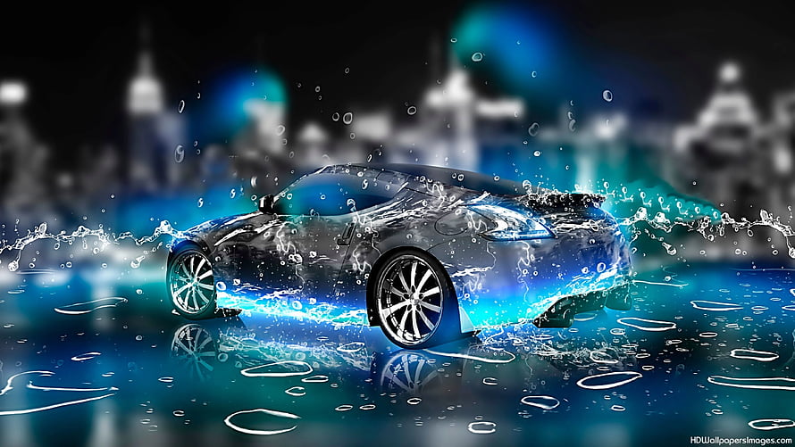 Sleek Black Sports Car Splashing Through Water with Neon Blue City Lights HD wallpaper