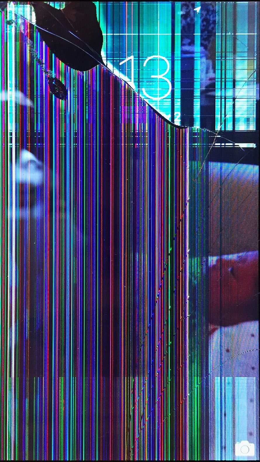 Cracked Smartphone Screen with Vertical Color Stripes and Digital Glitch Effect HD phone wallpaper