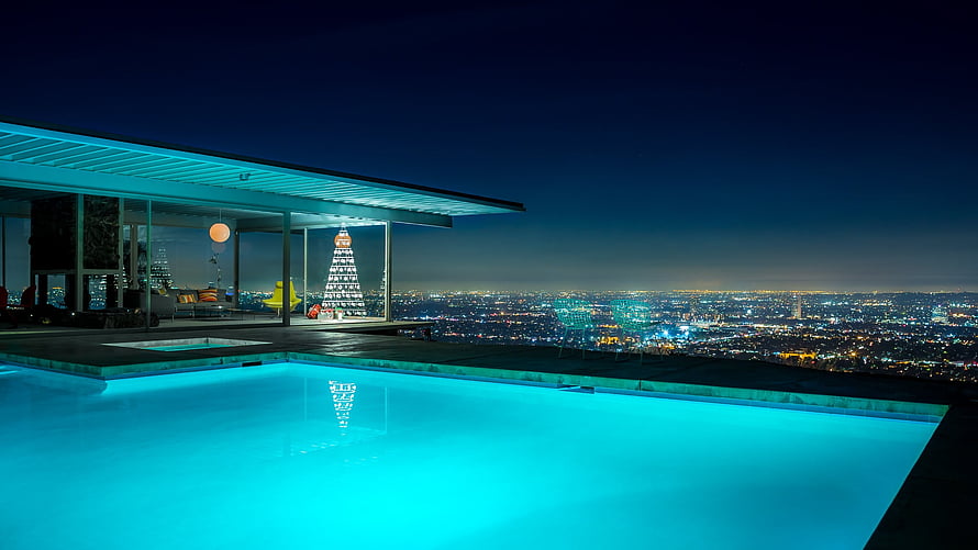 Modern Rooftop Pool With Glowing Christmas Tree Overlooking City Lights At Night HD wallpaper