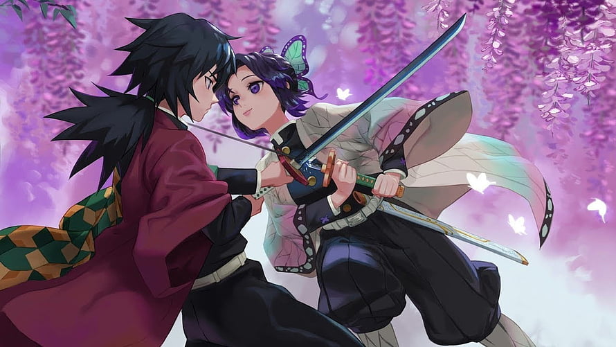 Giyuu Tomioka and Shinobu Kocho anime illustration with crossed swords under wisteria blossoms HD wallpaper
