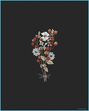 Minimalist Botanical Illustration of Wildflowers and Berries on Dark Background HD phone wallpaper