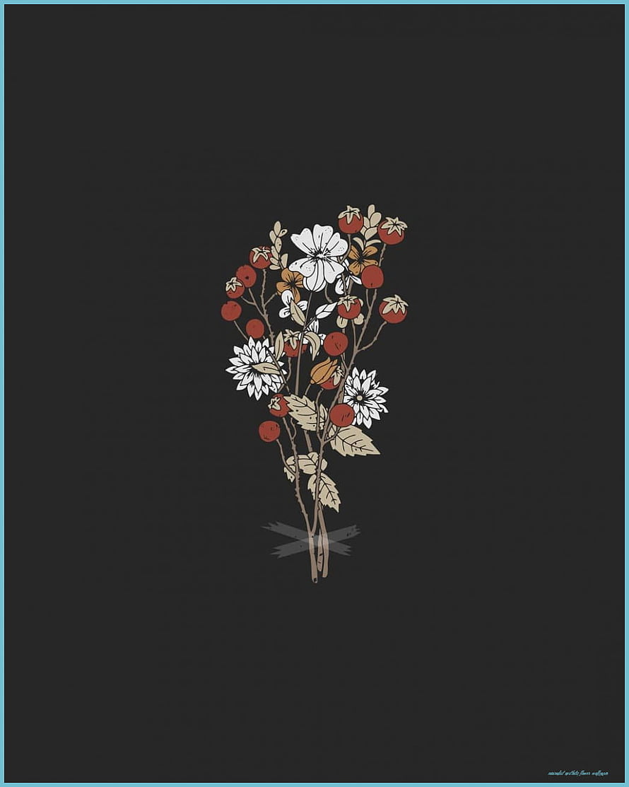 Minimalist Botanical Illustration of Wildflowers and Berries on Dark Background HD phone wallpaper