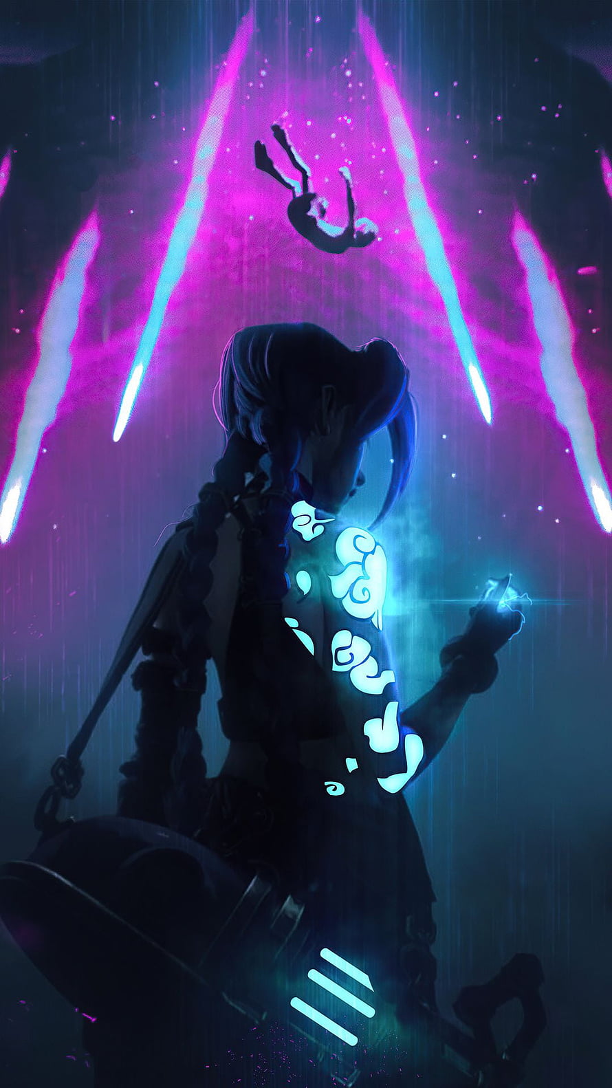 Arcane Jinx Silhouette with Glowing Tattoos and Neon Energy Beams in Rainy Atmosphere HD phone wallpaper