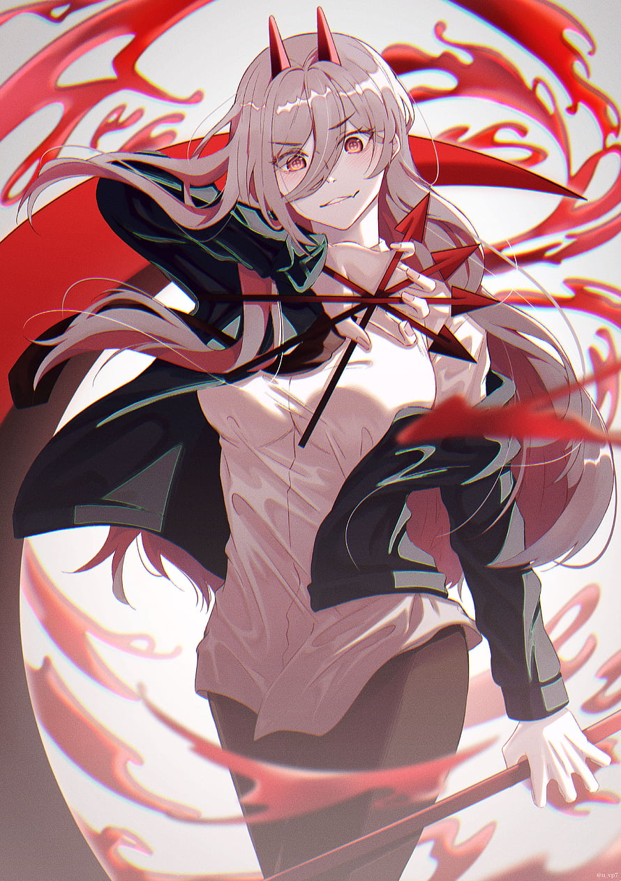 Power from Chainsaw Man wielding red arrows in dynamic anime illustration HD phone wallpaper