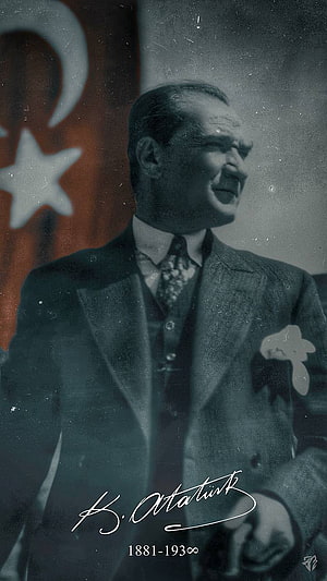 Mustafa Kemal Atatürk in Formal Suit with Turkish Flag and Signature HD phone wallpaper