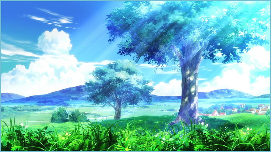 Serene Anime Countryside Landscape With Majestic Trees And Rolling Green Hills HD wallpaper