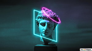 Classical Greek Marble Bust with Cyan and Magenta Neon Light Art HD wallpaper