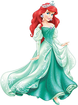 Princess Ariel in an Elegant Emerald Gown with Flowing Red Hair and a Sparkling Crown HD phone wallpaper