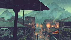 Moody Rainy Japanese Village Scene with Warm Streetlights and Misty Forest Background HD wallpaper