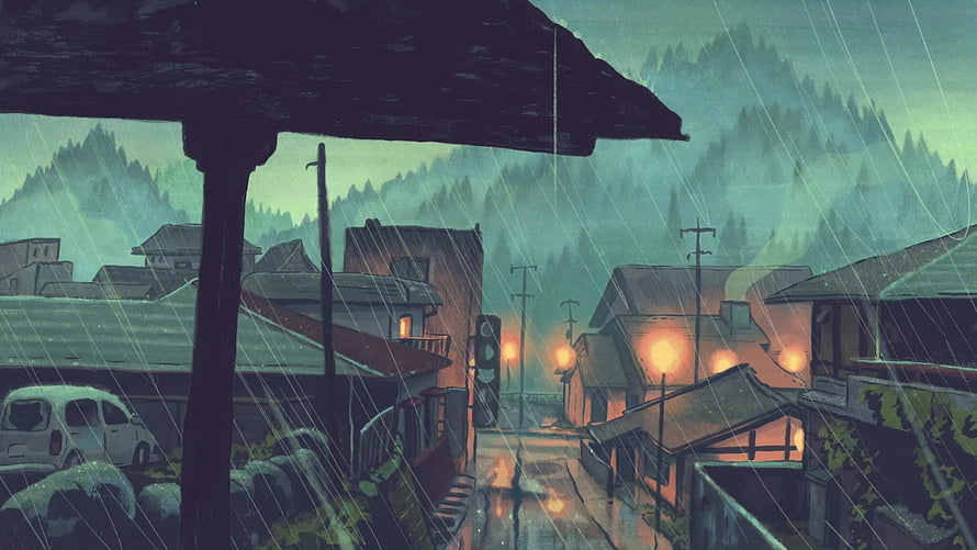 Moody Rainy Japanese Village Scene with Warm Streetlights and Misty Forest Background HD wallpaper