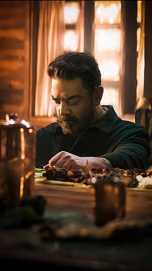Kamal Haasan in Vikram: Bearded Actor at Workbench in Warm Cinematic Light HD phone wallpaper