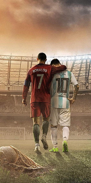 Cristiano Ronaldo and Lionel Messi Walking Together on a Football Pitch HD phone wallpaper