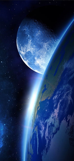 Earth and Moon Viewed from Deep Space with Atmospheric Glow and Starfield HD phone wallpaper