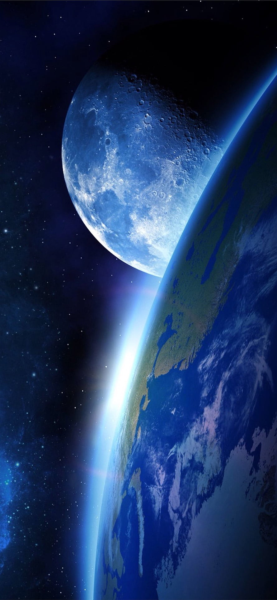 Earth and Moon Viewed from Deep Space with Atmospheric Glow and Starfield HD phone wallpaper