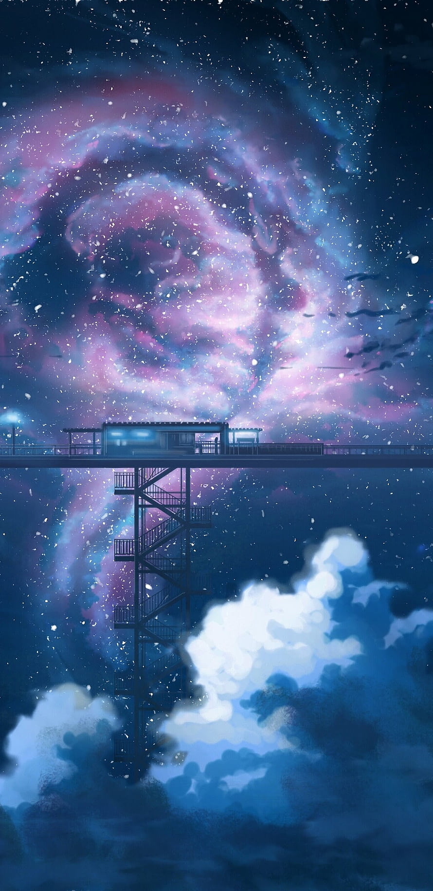 Ethereal Anime Night Sky with Purple Nebula, Floating Platform, and Snowfall HD phone wallpaper