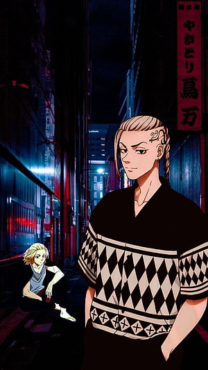 Mikey and Draken from Tokyo Revengers in a Neon-Lit Tokyo Alleyway at Night HD phone wallpaper
