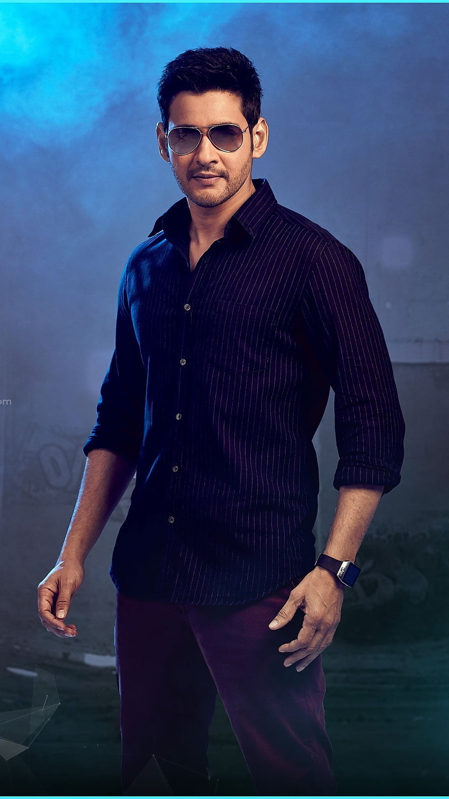 Mahesh Babu in a dark pinstripe shirt and aviator sunglasses against a moody blue backdrop HD phone wallpaper