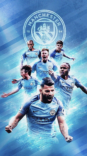 Manchester City Players Celebrating in Sky Blue Etihad Airways Home Kit HD phone wallpaper