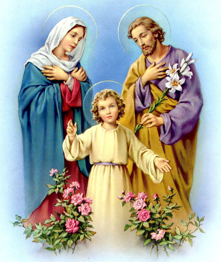 Holy Family Religious Art: Jesus, Mary, and Joseph with Lilies and Roses HD phone wallpaper