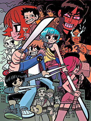 Scott Pilgrim vs The World Ensemble Cast Comic Illustration HD phone wallpaper