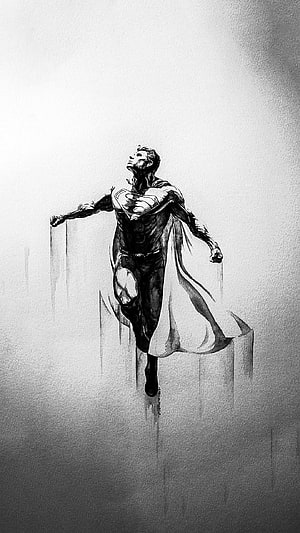 Monochrome Superman Flight Illustration with Flowing Cape and City Skyline, Superman Black And White, Black and White Superman HD phone wallpaper
