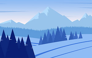 Minimalist Winter Mountain Landscape with Snowy Pines and Blue Tones HD wallpaper