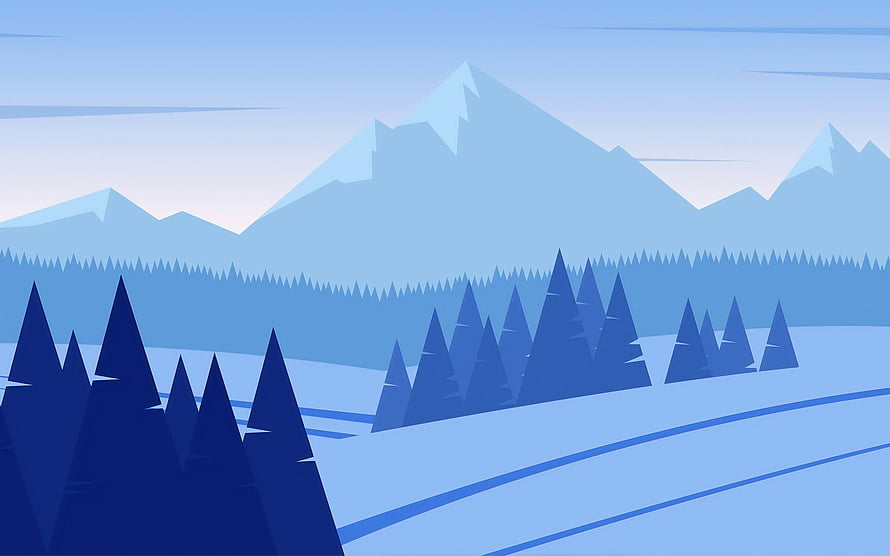 Minimalist Winter Mountain Landscape with Snowy Pines and Blue Tones HD wallpaper