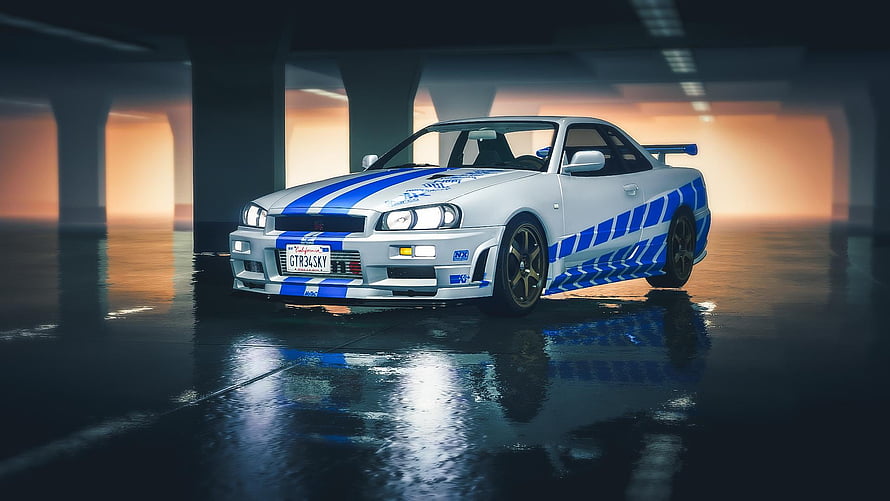 Nissan Skyline R34 GT-R Paul Walker Brian O'Conner Livery in Dramatic Underpass Setting HD wallpaper
