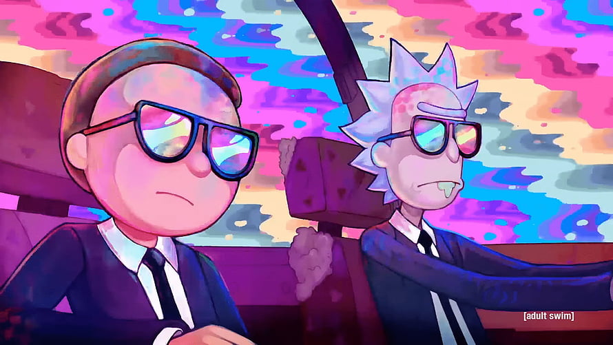Rick and Morty Animated Wallpaper with Vibrant Neon Sky and Retro Sunglasses HD wallpaper