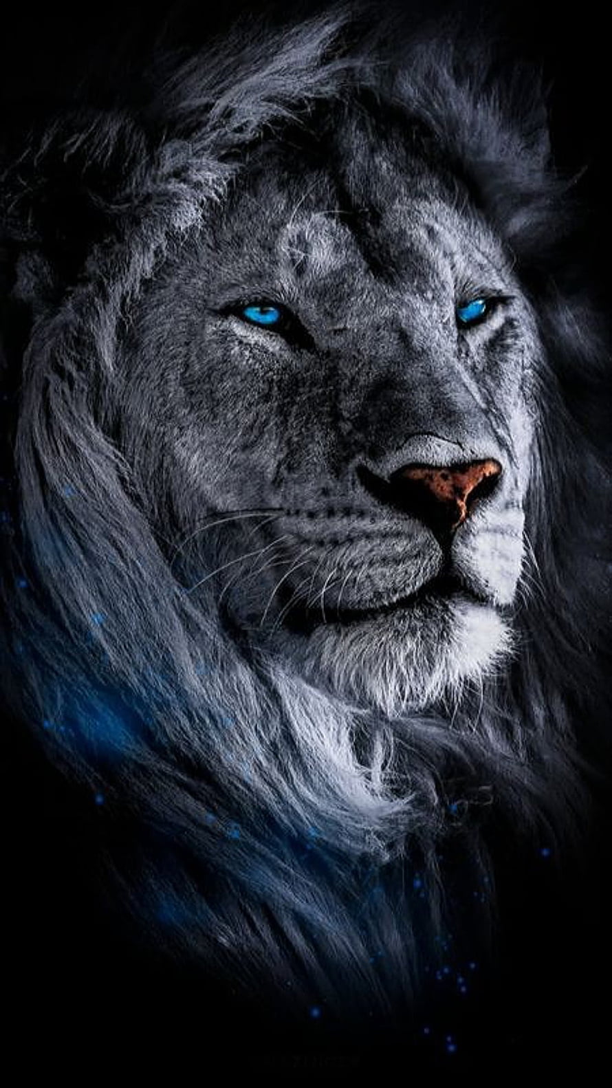 Majestic White Lion Portrait with Glowing Blue Eyes and Dark Background HD phone wallpaper